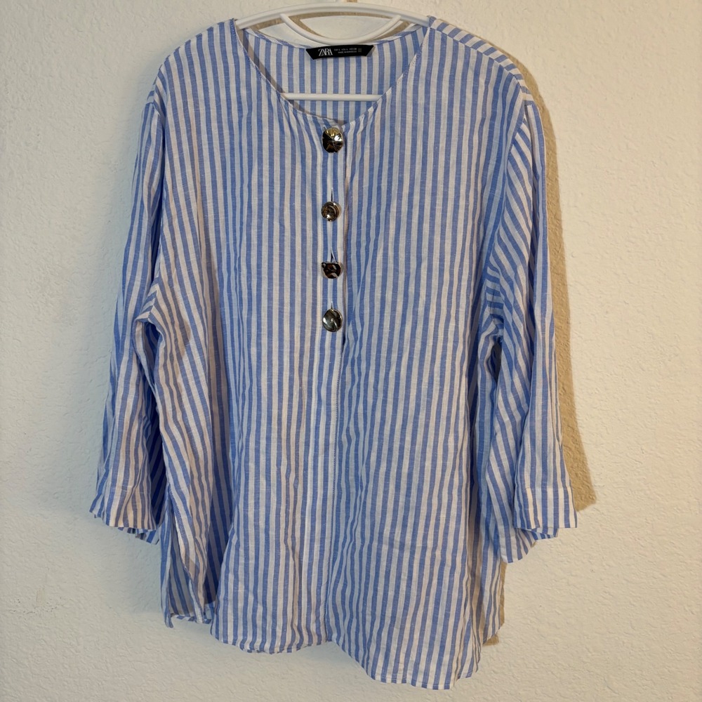Zara Striped Linen Blend Blouse Size Large Blue White